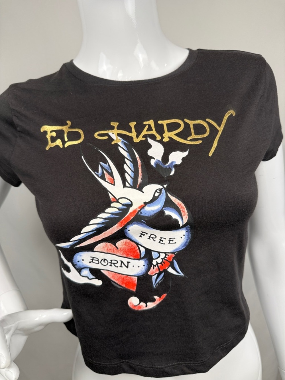 Ed Hardy Black Babydoll Tee with Gold Logo and Red, Blue Tattoo Graphic Size M